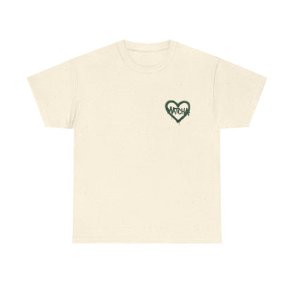 Matcha Heart T-Shirt — "Matcha" Graphic + Checklist Back (Matcha Obsession, Pilates Addict, Chronically Online)